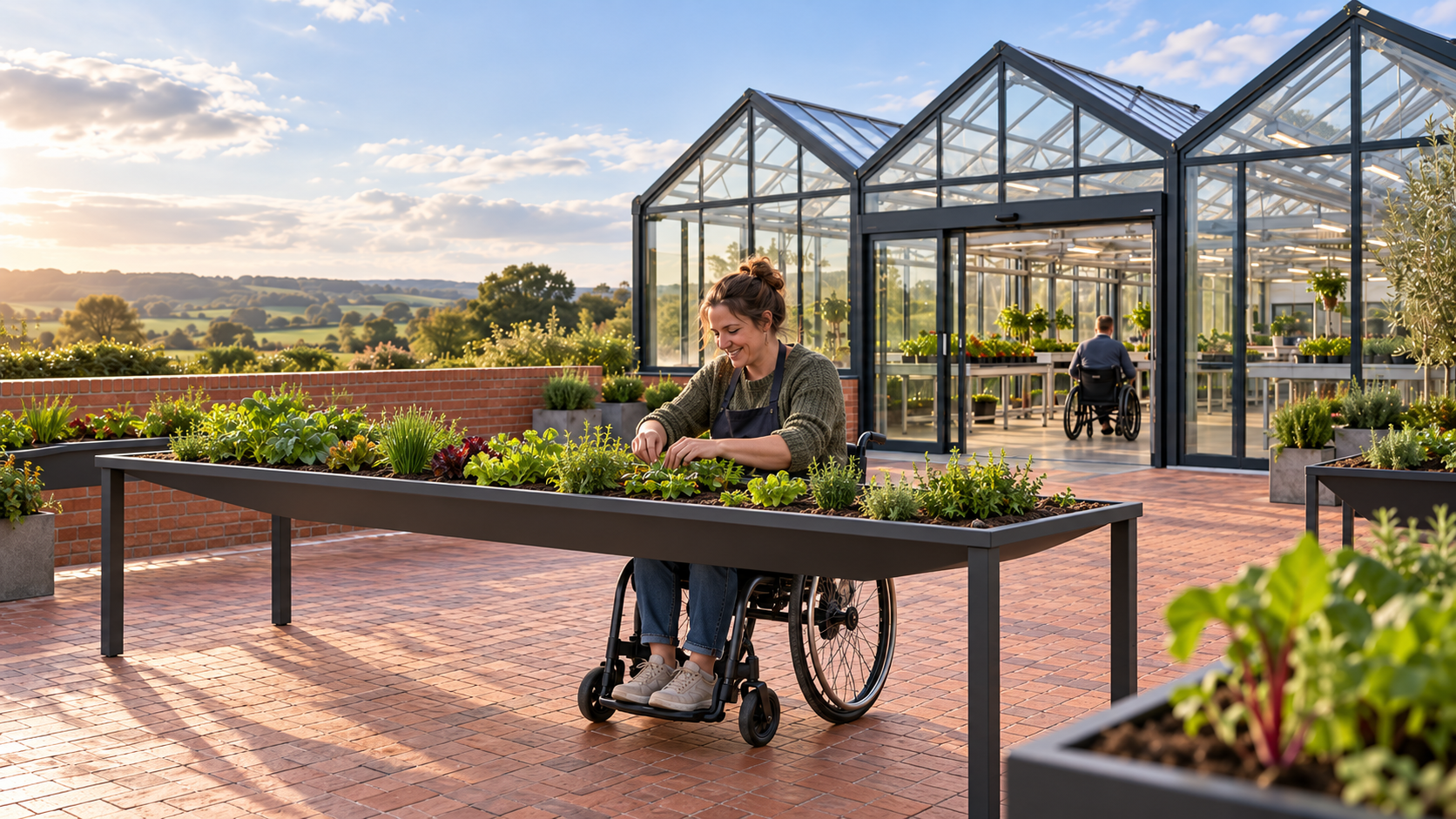 Concept of a glasshouse with raised growing beds, wide routes and people gardening, including wheelchair users